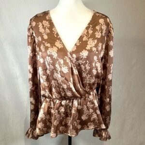 A love story long ruffle sleeve copper satin floral faux wrap peplum top size XL